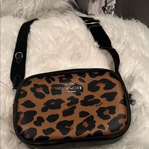 Coach Leo Signature Jamie Tan and Black Animal Print Crossbody Camera Bag